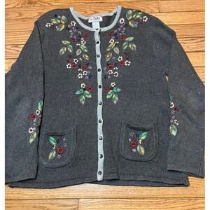Vintage Tiara Cardigan Sweater Women's  MEDIUM Embroidered Flowers Gray